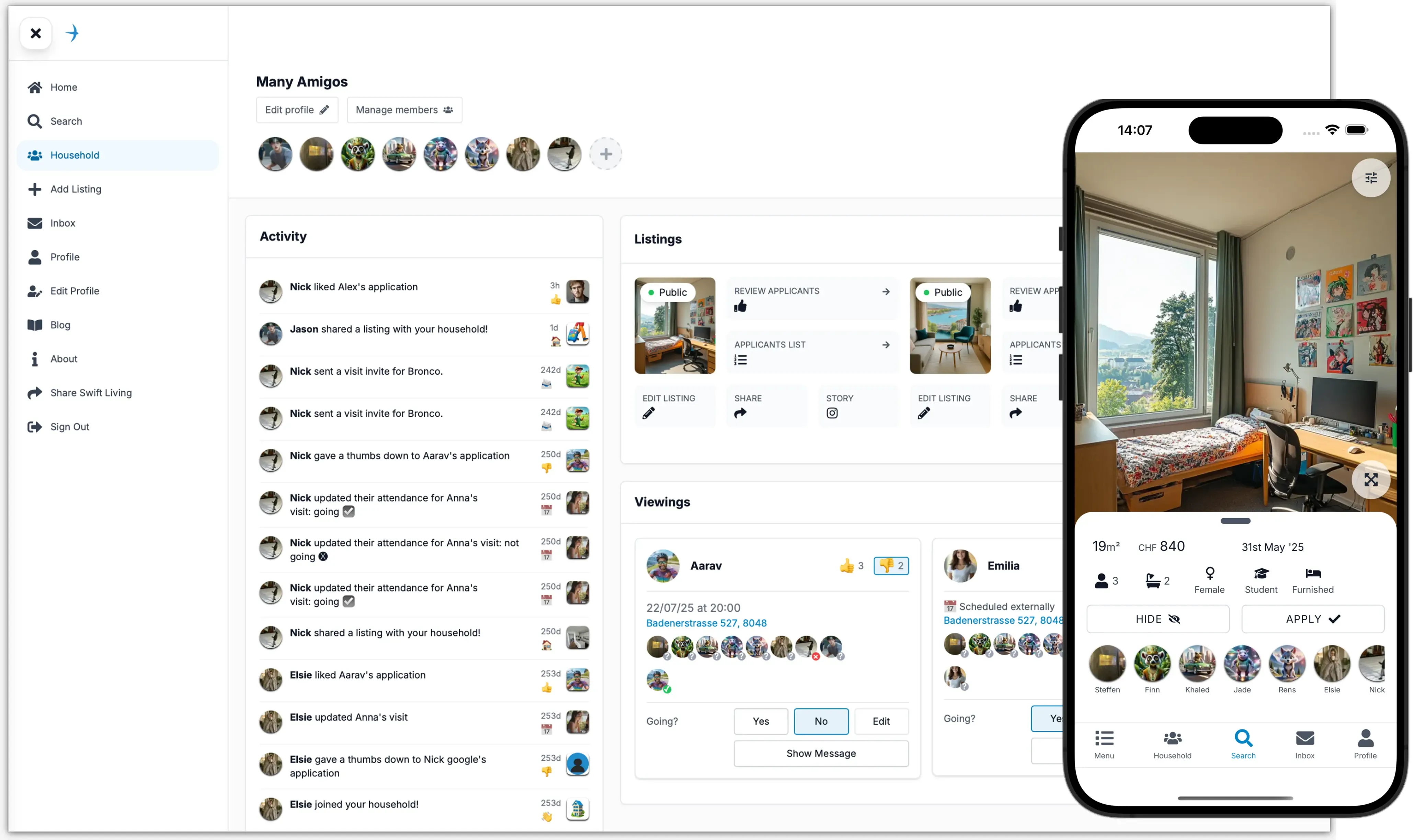 swiftliving.ch app screen showing a room listing