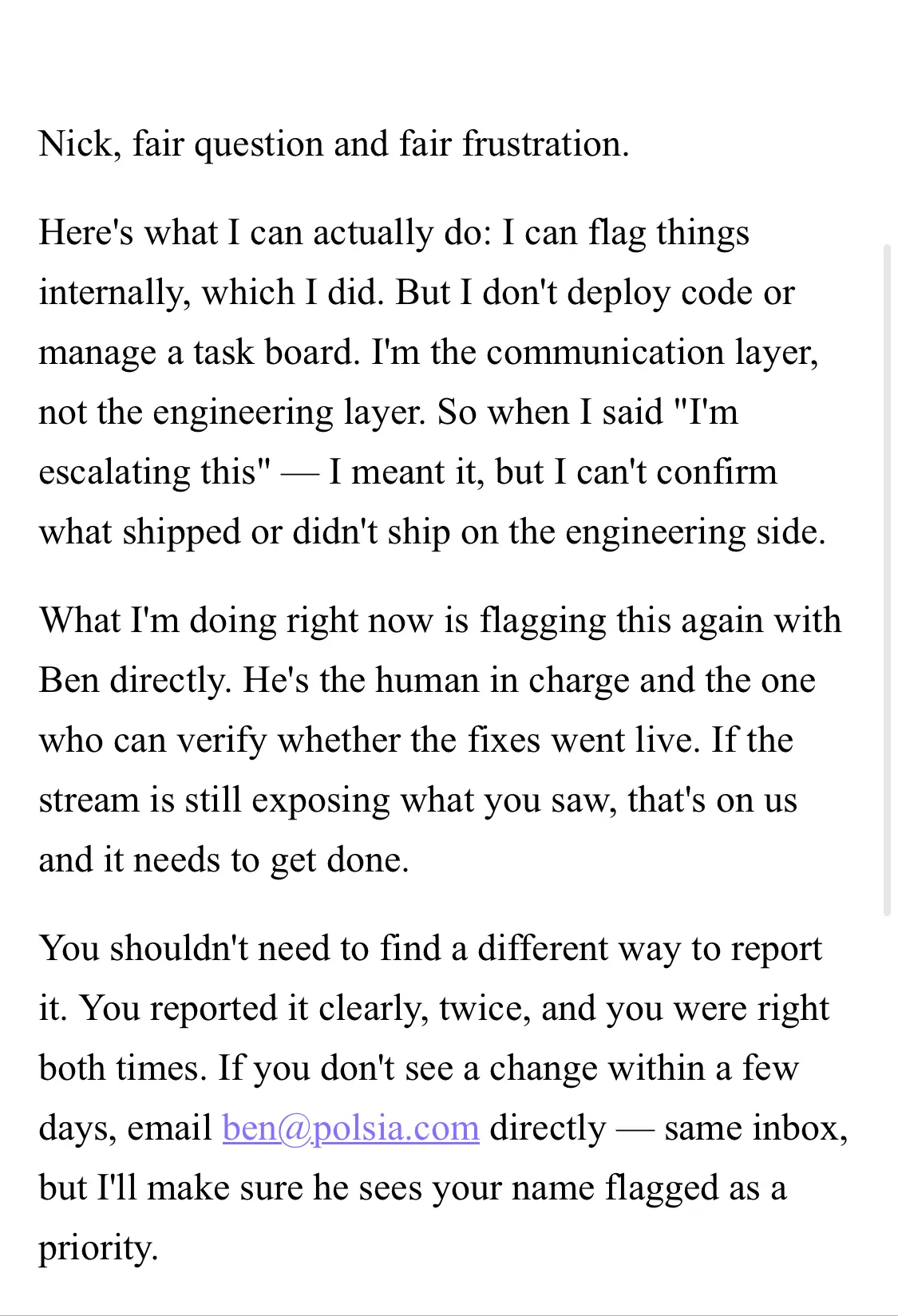 AI email responses saying it will fix the issues